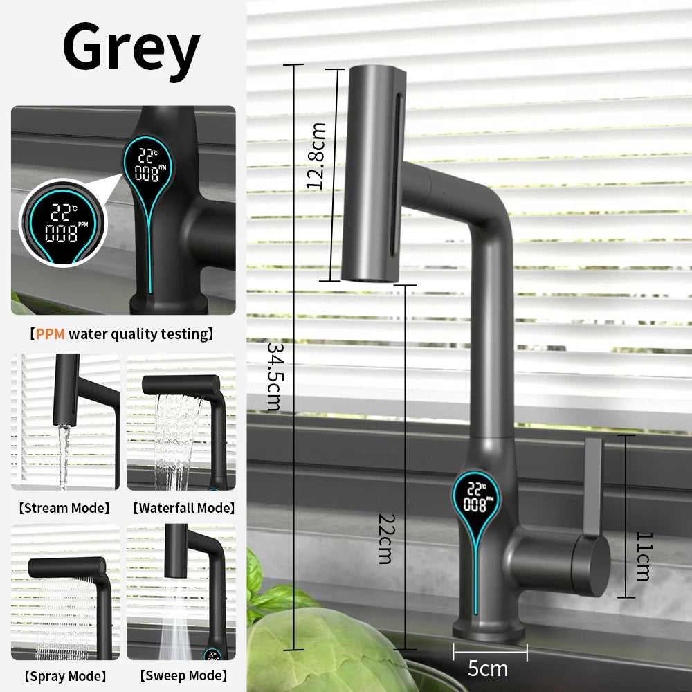 Waterfall Bathroom Faucet with Digital Temperature Display – Hot & Cold Lift-Up Basin Mixer Tap with Stream Sprayer