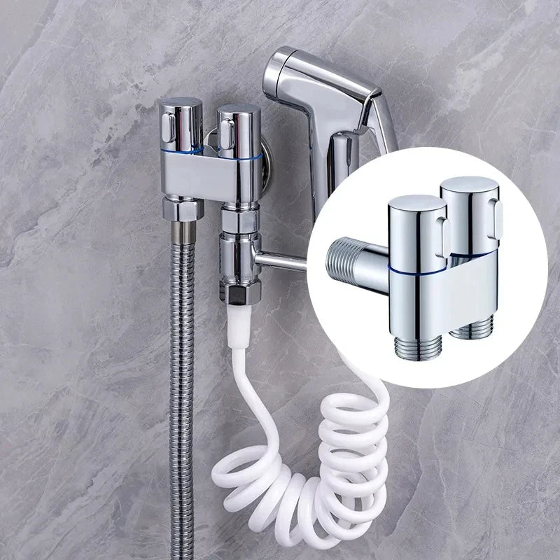 Zinc Alloy Angle Valve & Bidet Sprayer Set – Wall-Mounted Dual Outlet Bathroom Cleaning Kit