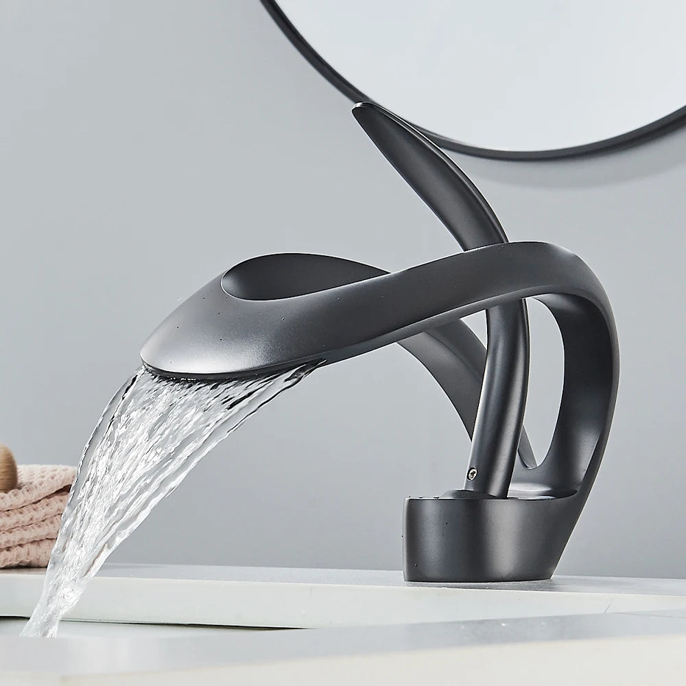 Gold Bathroom Basin Faucet Brass Waterfall Single Handle Crane Hot Cold Water Mixer Tap New Style