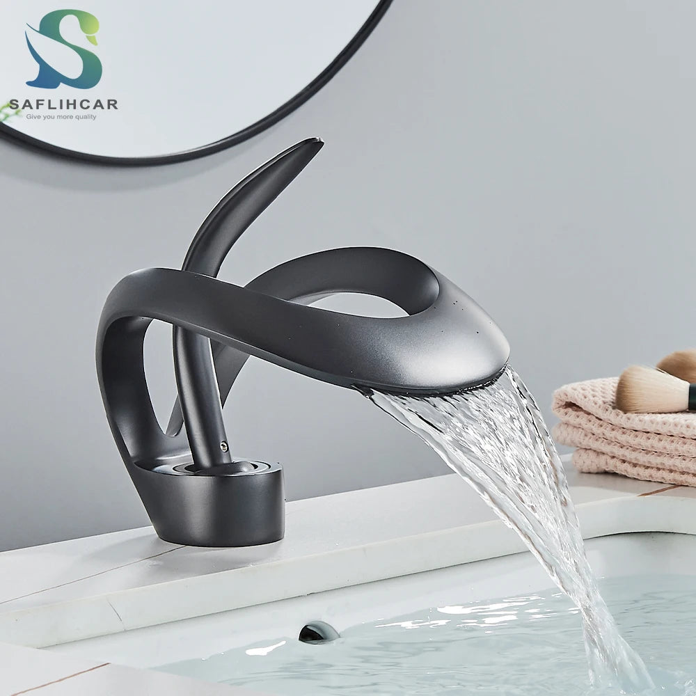 Gold Bathroom Basin Faucet Brass Waterfall Single Handle Crane Hot Cold Water Mixer Tap New Style