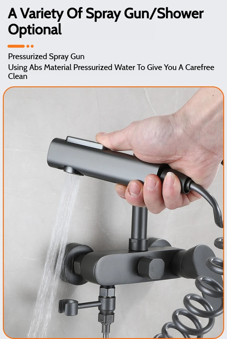 Wall-Mounted Brass Bathtub Faucet with Long Spout and Spray Gun – Hot & Cold Mixer Tap