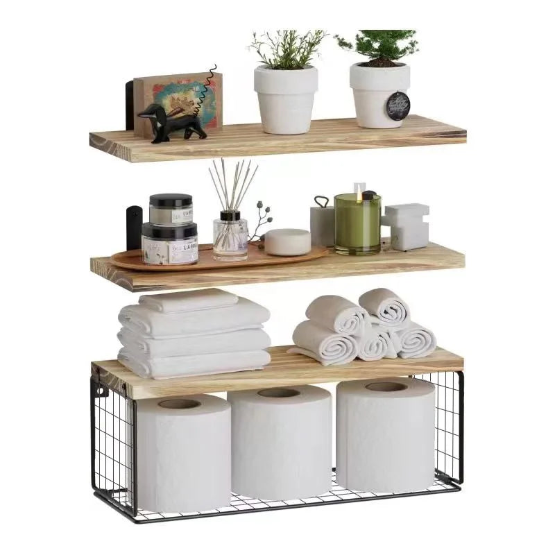 Wall-Mounted Wooden Floating Shelves – Set of 3 Rustic Bathroom Storage Racks with Metal Frame