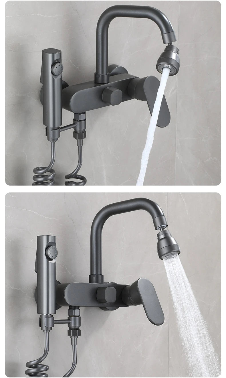 Wall-Mounted Brass Bathtub Faucet with Long Spout and Spray Gun – Hot & Cold Mixer Tap