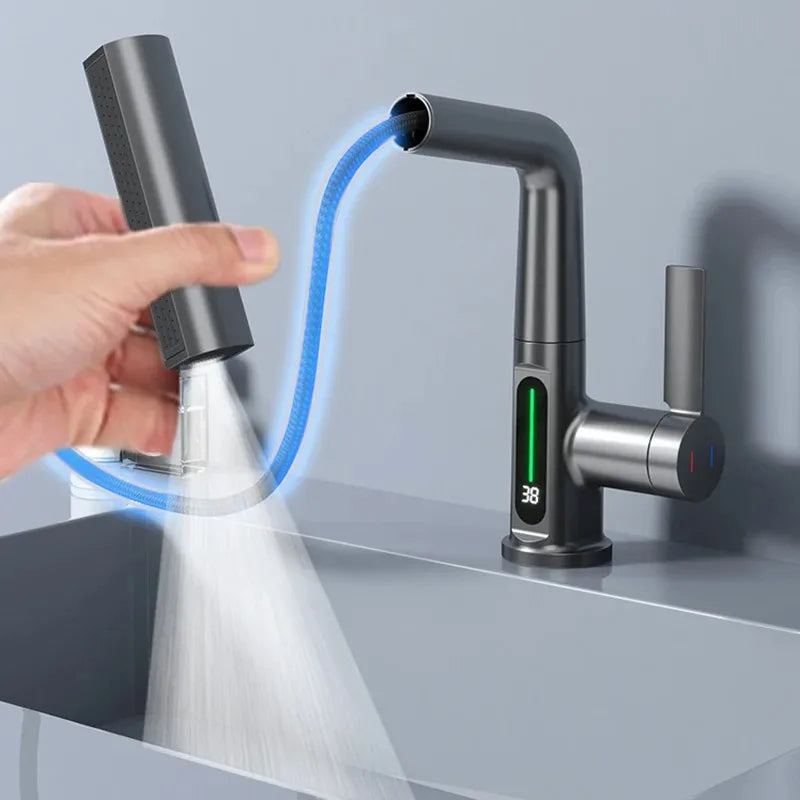 Waterfall Bathroom Faucet with Digital Temperature Display and Lift Sprayer