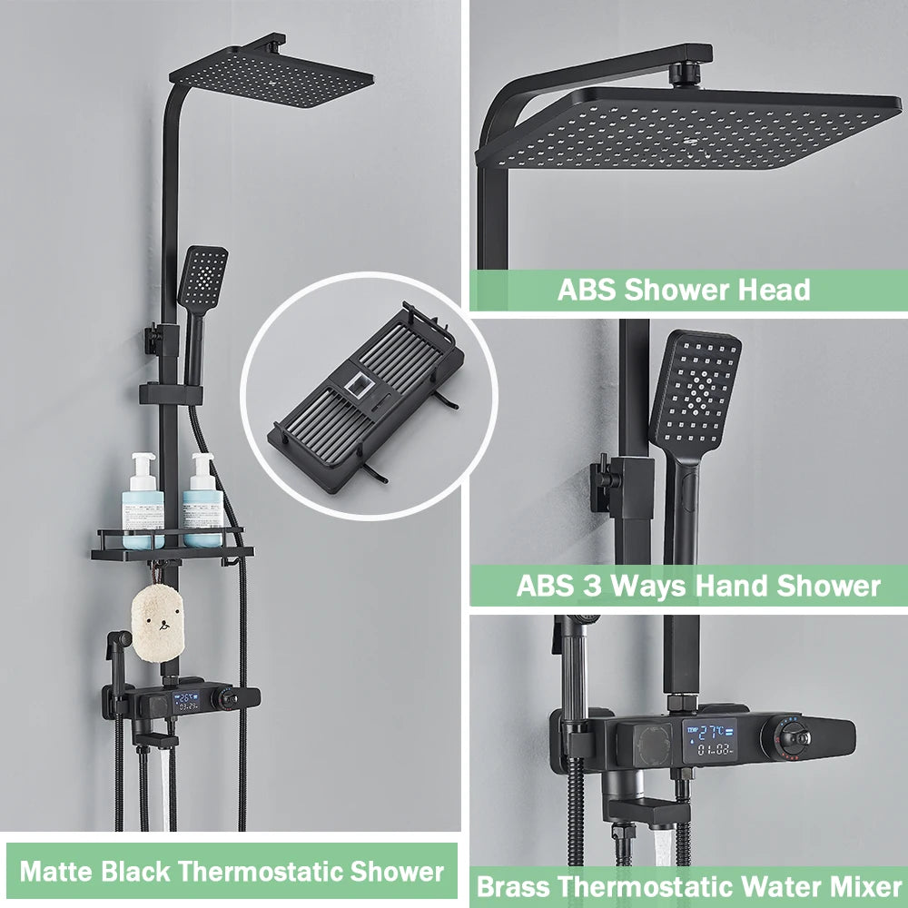 Black Digital Display Thermostatic Shower Faucet – 4-Way Rainfall Mixer Tap with Shelf & Bidet Faucets
