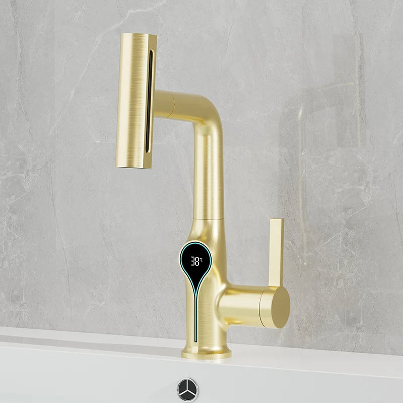 Waterfall Bathroom Faucet with Digital Temperature Display – Hot & Cold Lift-Up Basin Mixer Tap with Stream Sprayer