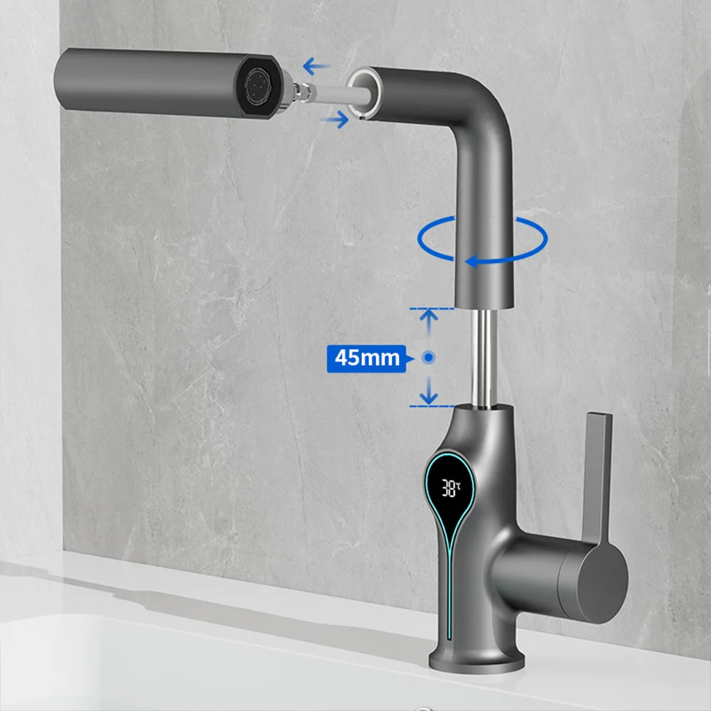 Waterfall Bathroom Faucet with Digital Temperature Display – Hot & Cold Lift-Up Basin Mixer Tap with Stream Sprayer