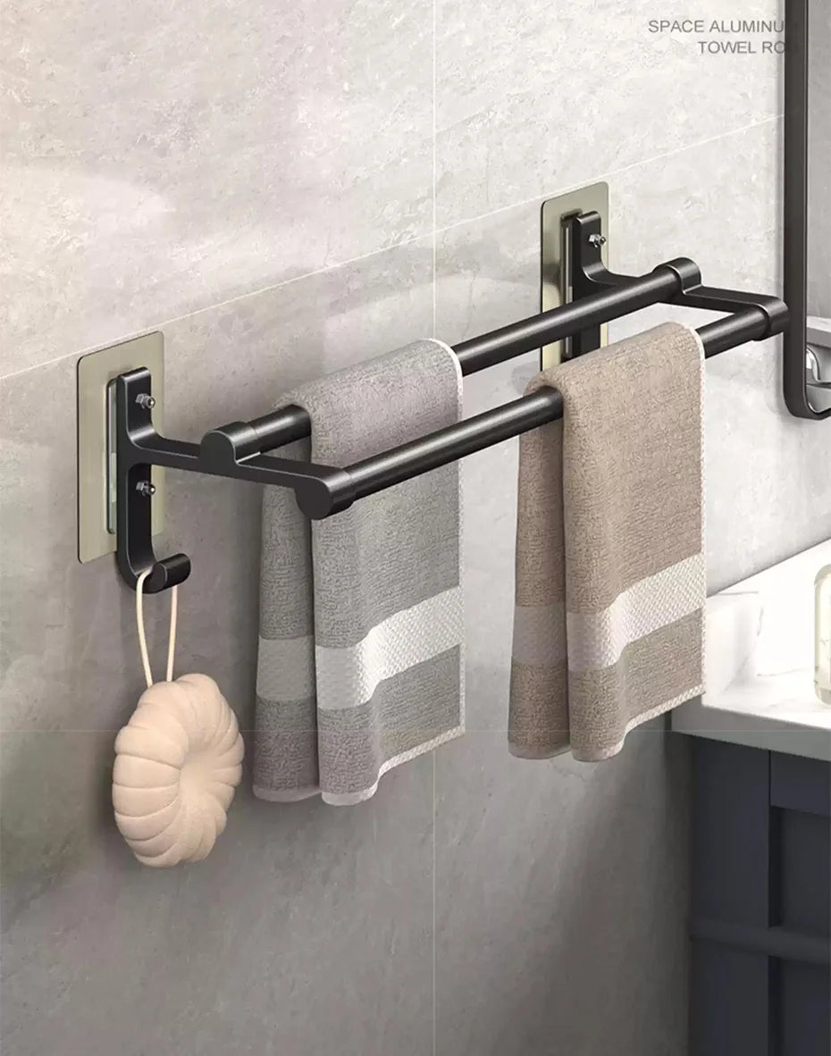 Double-Layer No-Drill Towel Rack – Self-Adhesive Aluminum Holder with Two Bars & Hooks