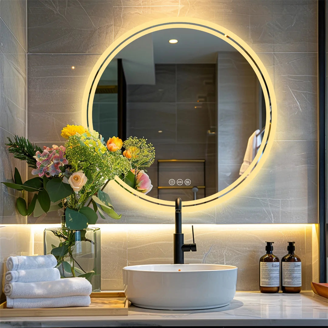 LUVODI 24" Round LED Bathroom Mirror – Smart Touch Dimmable Anti-Fog Wall-Mounted Vanity Mirror