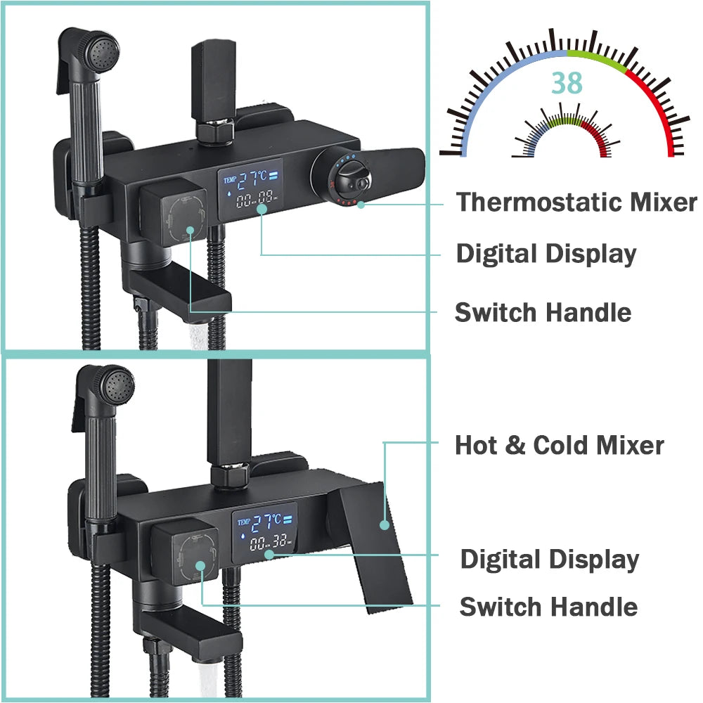 Black Digital Display Thermostatic Shower Faucet – 4-Way Rainfall Mixer Tap with Shelf & Bidet Faucets