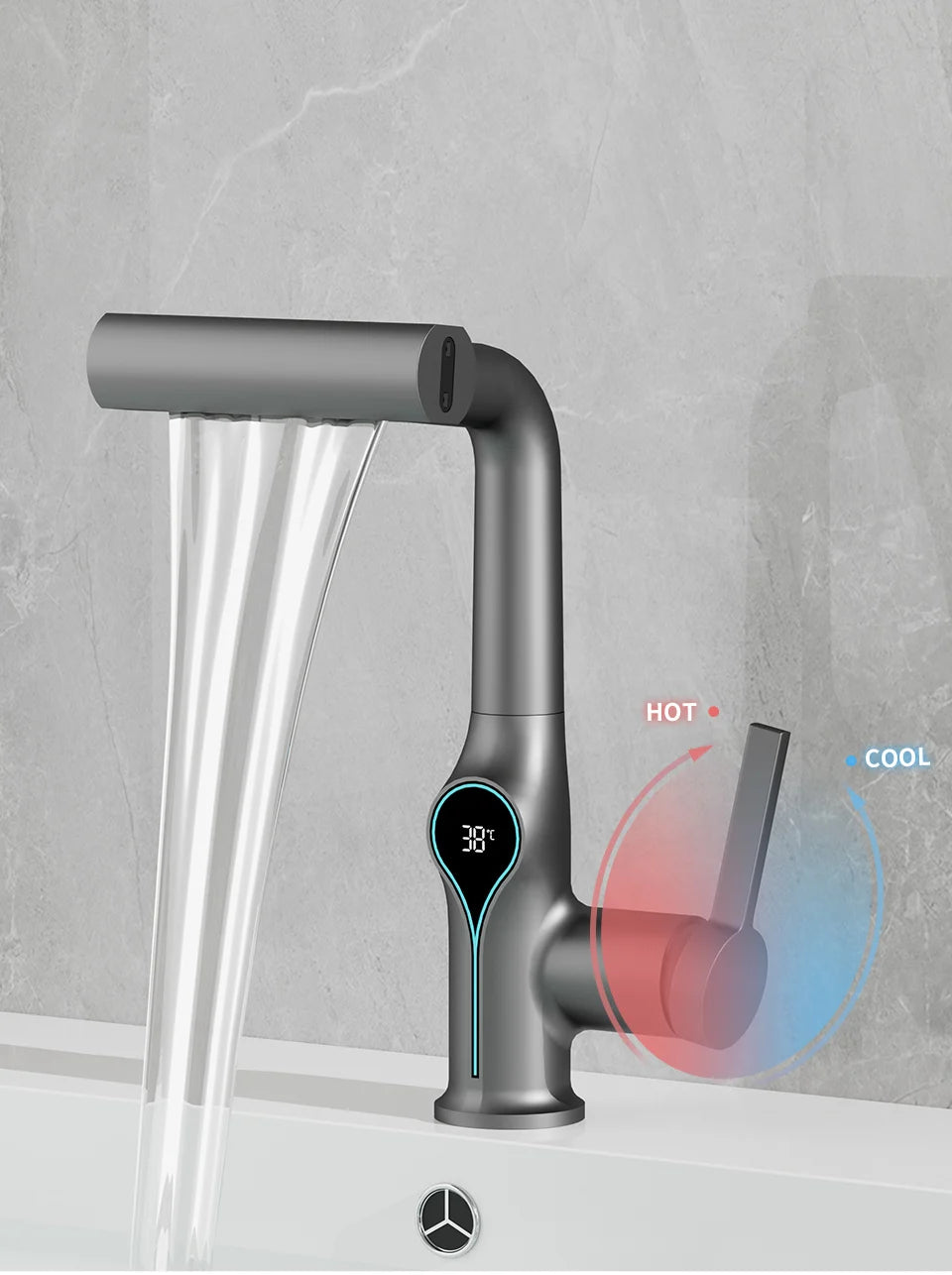 Waterfall Bathroom Faucet with Digital Temperature Display – Hot & Cold Lift-Up Basin Mixer Tap with Stream Sprayer