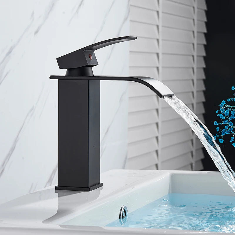 Matte Black Basin Faucet | Single Lever Waterfall Mixer Tap