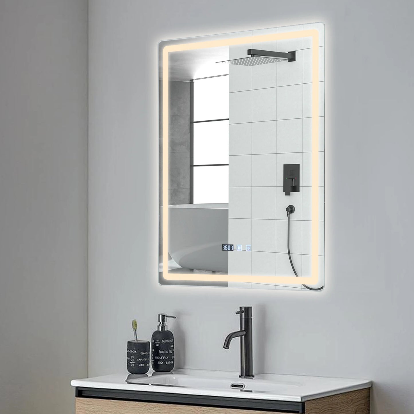 Smart LED Bathroom Mirror – Dimmable Light, Anti-Fog, Time & Temperature Display