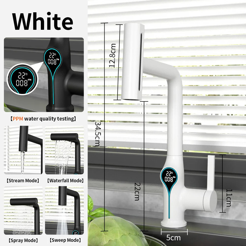 Waterfall Bathroom Faucet with Digital Temperature Display – Hot & Cold Lift-Up Basin Mixer Tap with Stream Sprayer