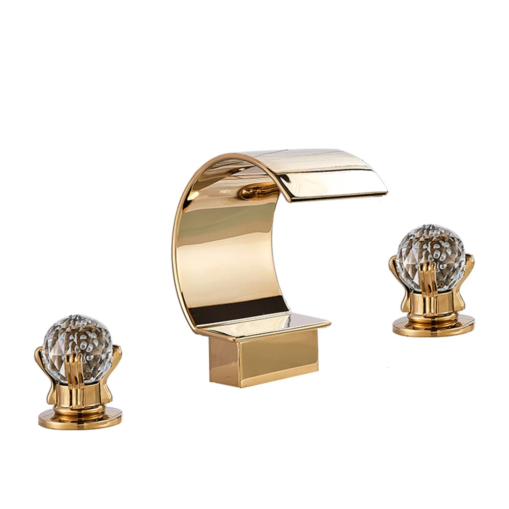 Senlesen Luxury Gold Waterfall Basin Faucet – Dual Crystal Handles, Brass Widespread Deck-Mounted Mixer