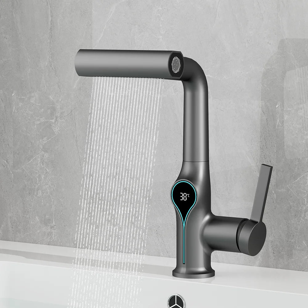 Waterfall Bathroom Faucet with Digital Temperature Display – Hot & Cold Lift-Up Basin Mixer Tap with Stream Sprayer
