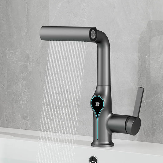 Waterfall Bathroom Faucet with Digital Temperature Display – Hot & Cold Lift-Up Basin Mixer Tap with Stream Sprayer