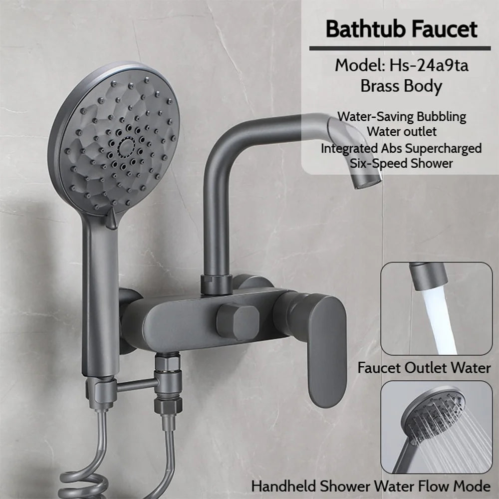 Wall-Mounted Brass Bathtub Faucet with Long Spout and Spray Gun – Hot & Cold Mixer Tap