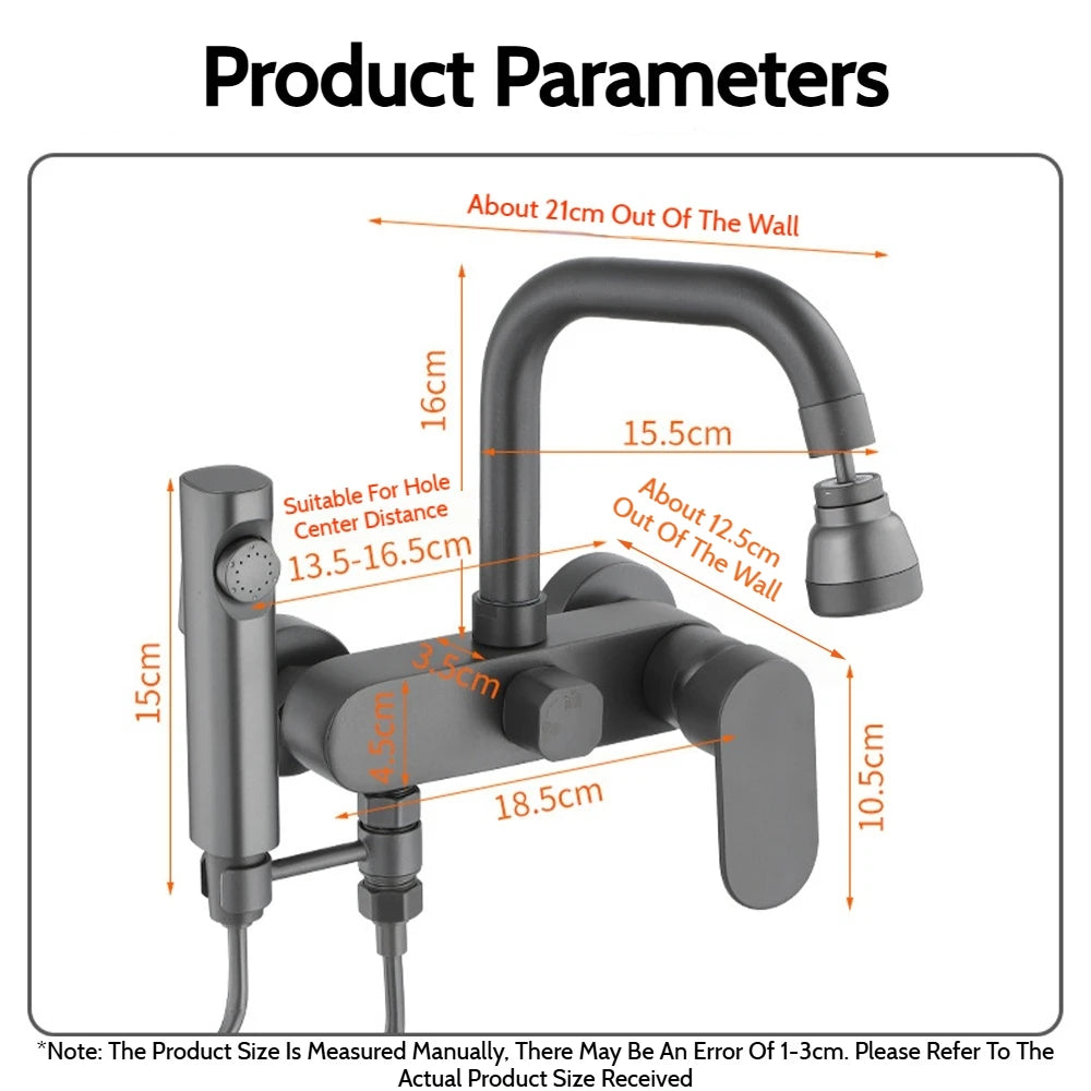Wall-Mounted Brass Bathtub Faucet with Long Spout and Spray Gun – Hot & Cold Mixer Tap