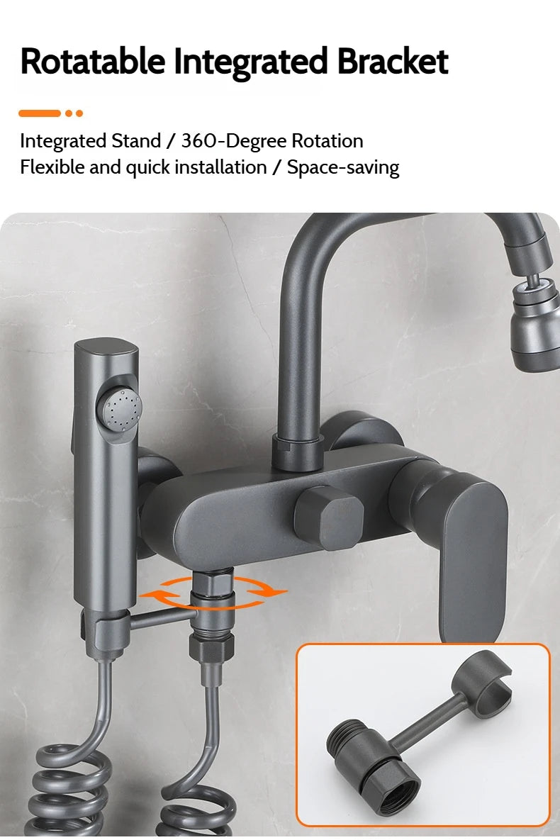 Wall-Mounted Brass Bathtub Faucet with Long Spout and Spray Gun – Hot & Cold Mixer Tap