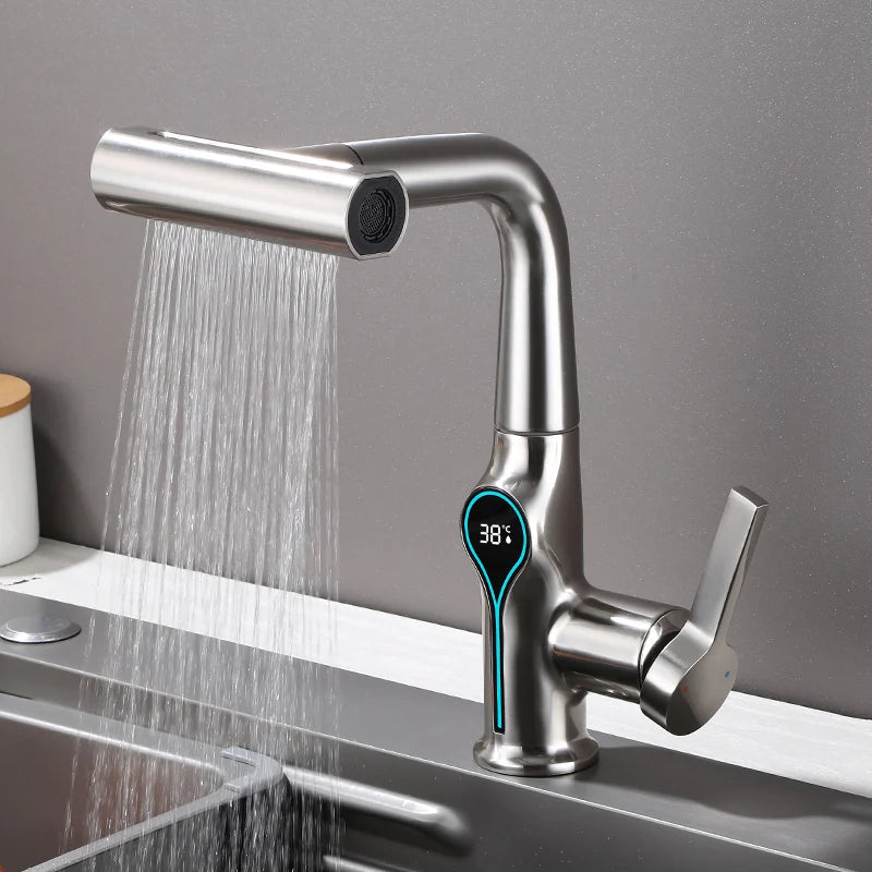 Waterfall Bathroom Faucet with Digital Temperature Display – Hot & Cold Lift-Up Basin Mixer Tap with Stream Sprayer