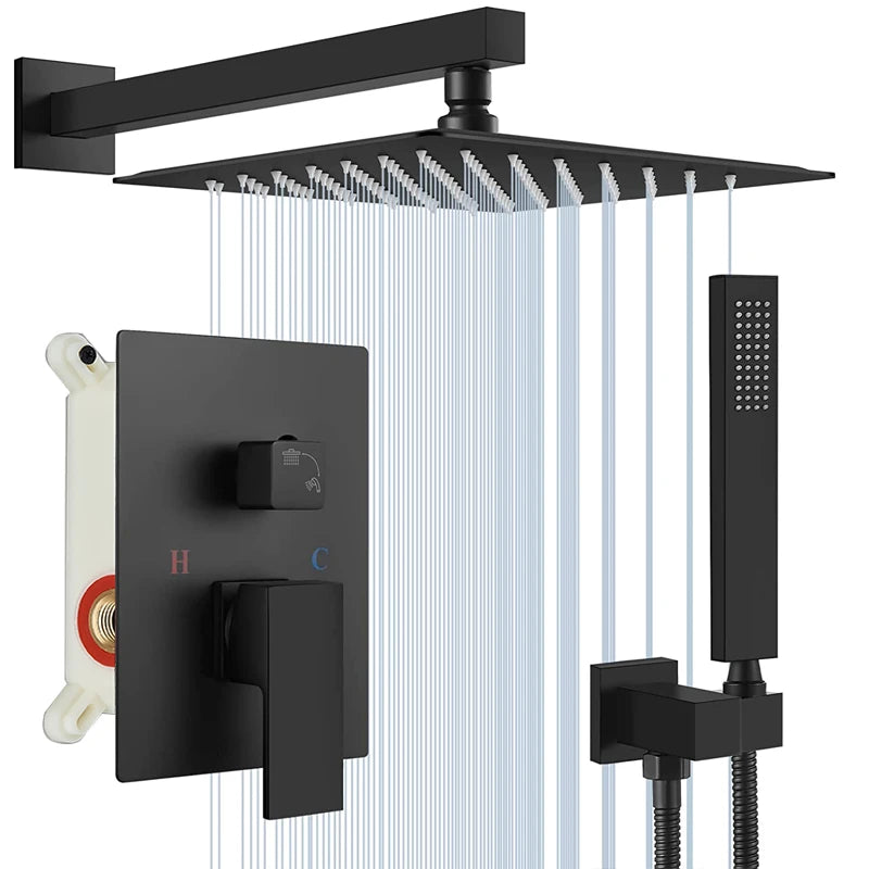 Black Concealed Rainfall Shower System – Wall-Mounted Waterfall Mixer Set with Tub Spout