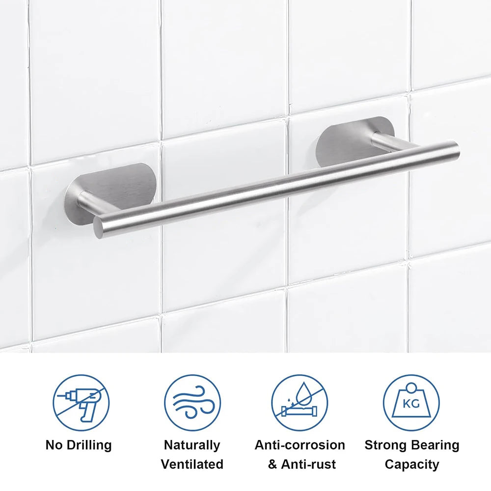 40 cm Stainless Steel Towel Holder – No-Drill Self-Adhesive Wall-Mounted Rail for Bathroom & Kitchen