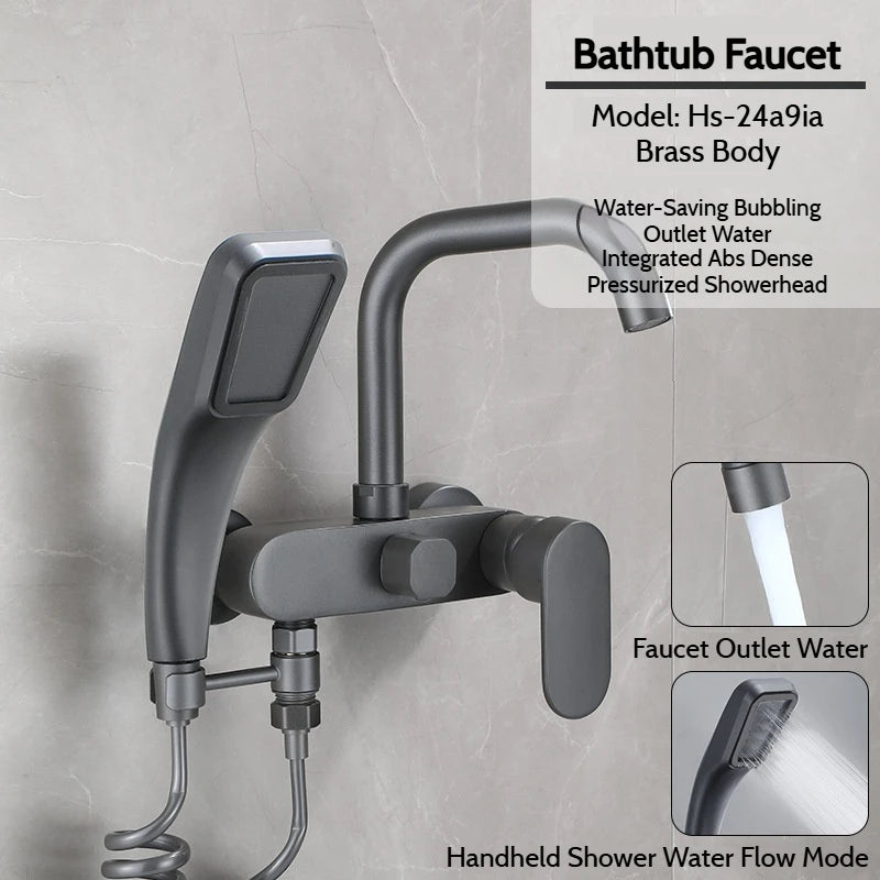 Wall-Mounted Brass Bathtub Faucet with Long Spout and Spray Gun – Hot & Cold Mixer Tap