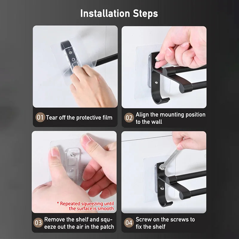 Double-Layer No-Drill Towel Rack – Self-Adhesive Aluminum Holder with Two Bars & Hooks