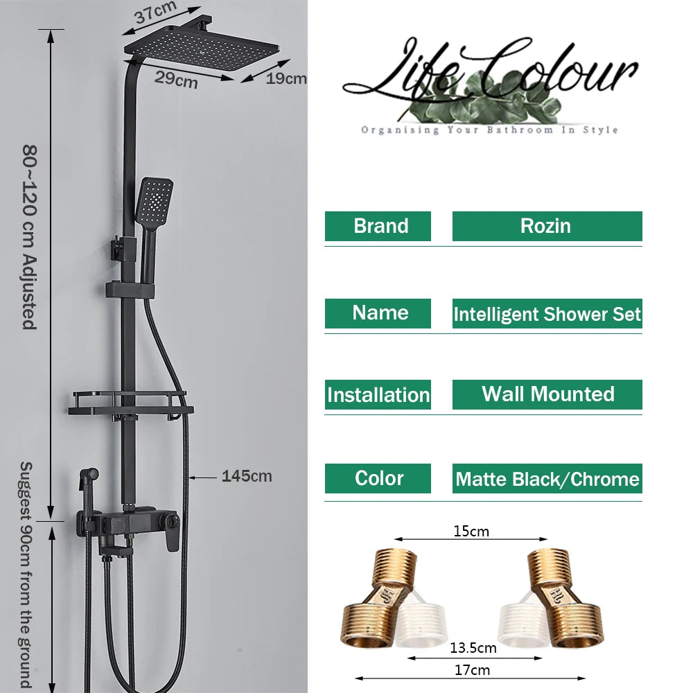 Black Digital Display Thermostatic Shower Faucet – 4-Way Rainfall Mixer Tap with Shelf & Bidet Faucets