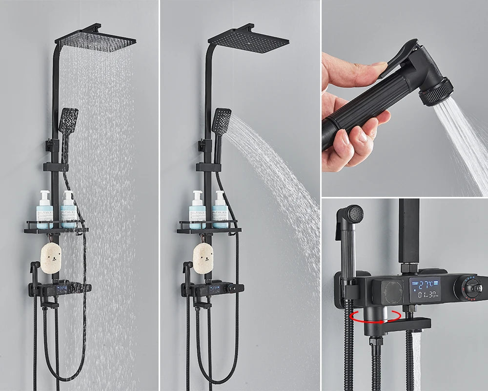Black Digital Display Thermostatic Shower Faucet – 4-Way Rainfall Mixer Tap with Shelf & Bidet Faucets