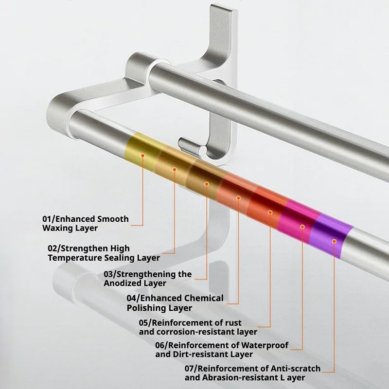 Double-Layer No-Drill Towel Rack – Self-Adhesive Aluminum Holder with Two Bars & Hooks