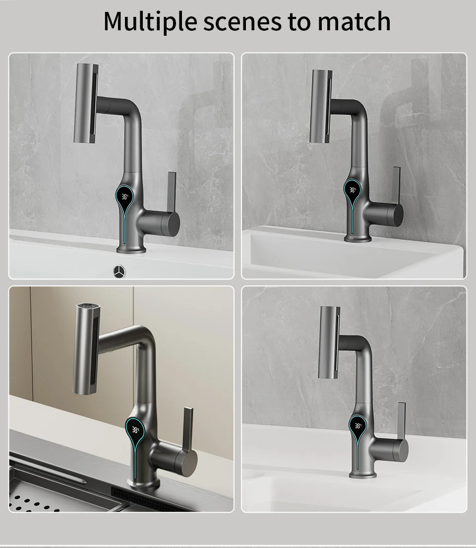 Waterfall Bathroom Faucet with Digital Temperature Display – Hot & Cold Lift-Up Basin Mixer Tap with Stream Sprayer