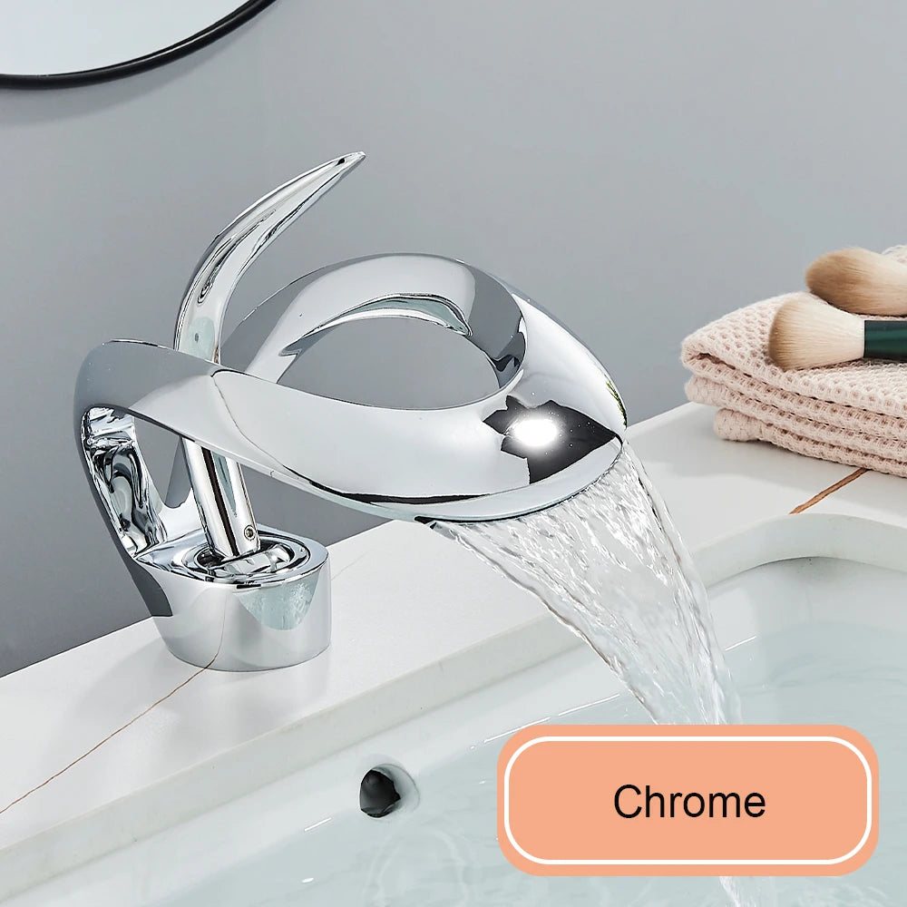 Gold Bathroom Basin Faucet Brass Waterfall Single Handle Crane Hot Cold Water Mixer Tap New Style