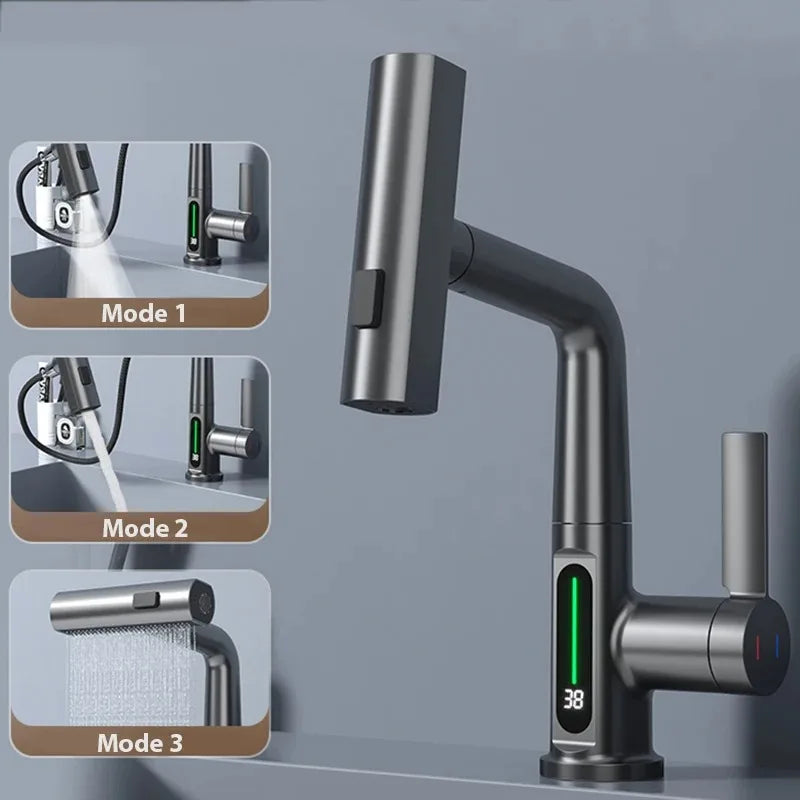 Waterfall Bathroom Faucet with Digital Temperature Display and Lift Sprayer