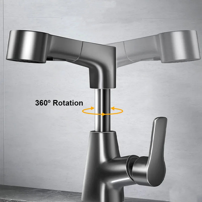 Dual-Function Pull-Down Bathroom Faucet – Adjustable Height, 360° Rotation, Anti-Leak Brass Core (Black / Silver / White)