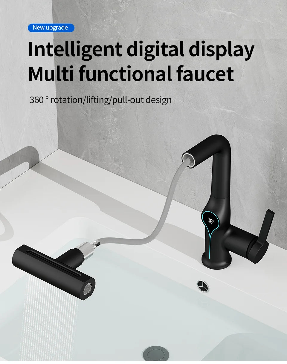 Waterfall Bathroom Faucet with Digital Temperature Display – Hot & Cold Lift-Up Basin Mixer Tap with Stream Sprayer