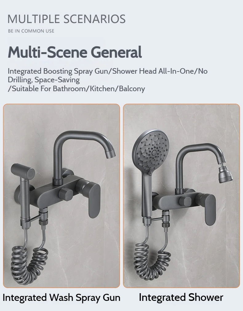 Wall-Mounted Brass Bathtub Faucet with Long Spout and Spray Gun – Hot & Cold Mixer Tap