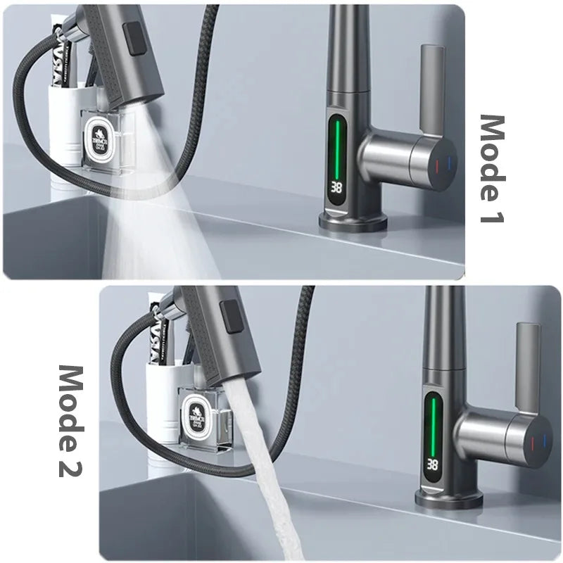 Waterfall Bathroom Faucet with Digital Temperature Display and Lift Sprayer