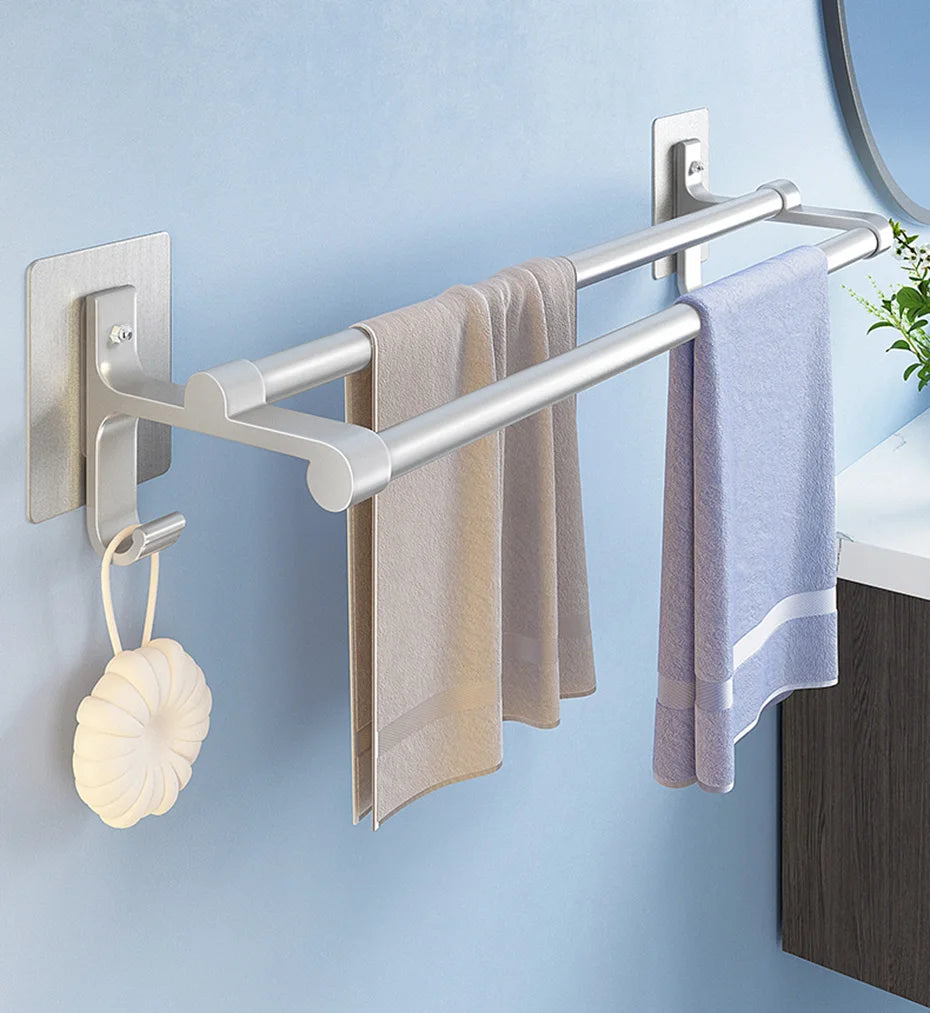 Double-Layer No-Drill Towel Rack – Self-Adhesive Aluminum Holder with Two Bars & Hooks