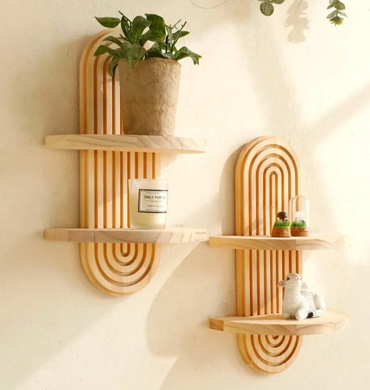 Wooden Wall Mounted Storage Rack – Boho Style Display Shelves for Modern Home Decor
