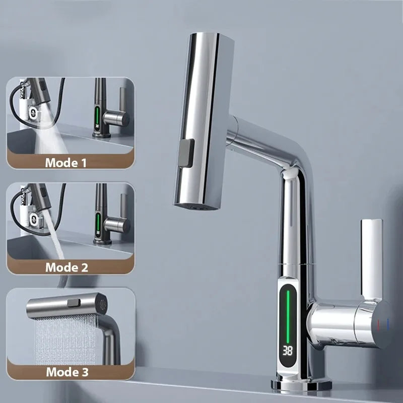 Waterfall Bathroom Faucet with Digital Temperature Display and Lift Sprayer
