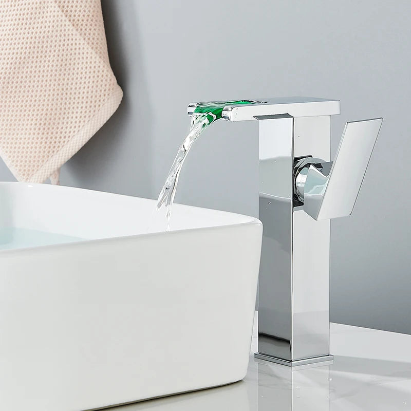 Bathroom LED Waterfall Faucet – Hydropower Basin Mixer, Deck Mounted Solid Brass Tap